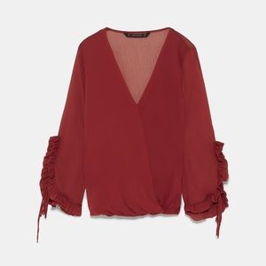 Zara Red VNeck Ruffle Sleeve Top Sz M
